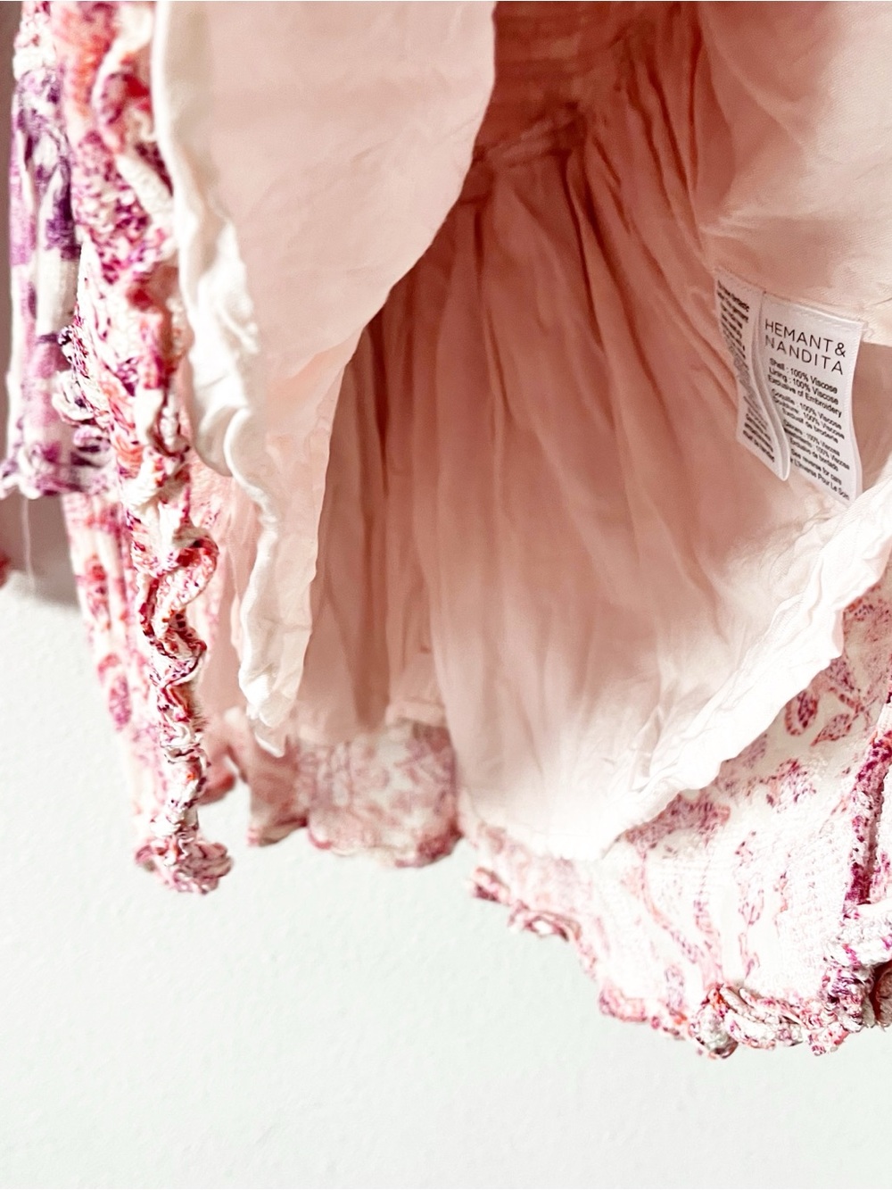 Hemant & Nandita Pastel Pink Ruffle Plunging Tie Back Romantic Boho Mini Dress - Picture 6 of 10